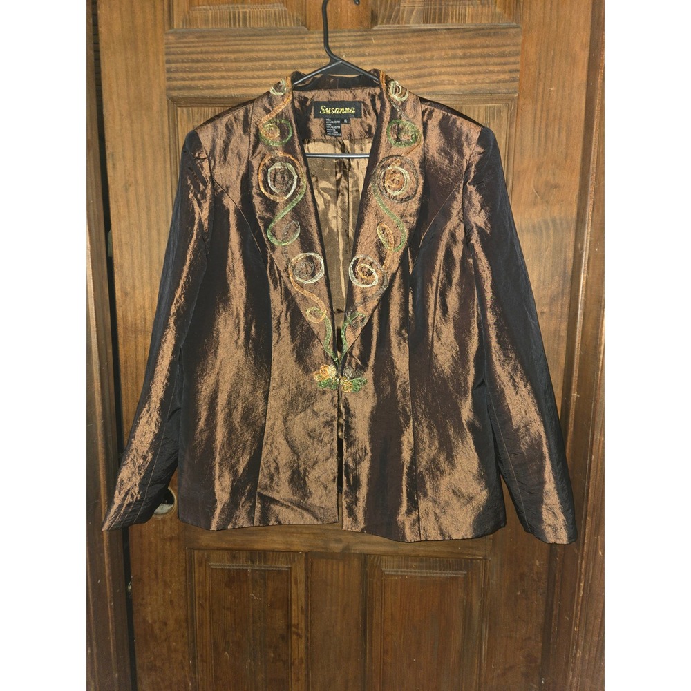 Susanna Womens Bronze Metallic Iridescent Embroidered Evening Blazer Jacket 16